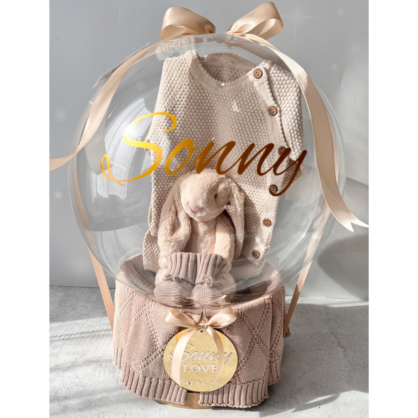Unique Neutral Baby Gift Balloon Hamper - Oat Beige