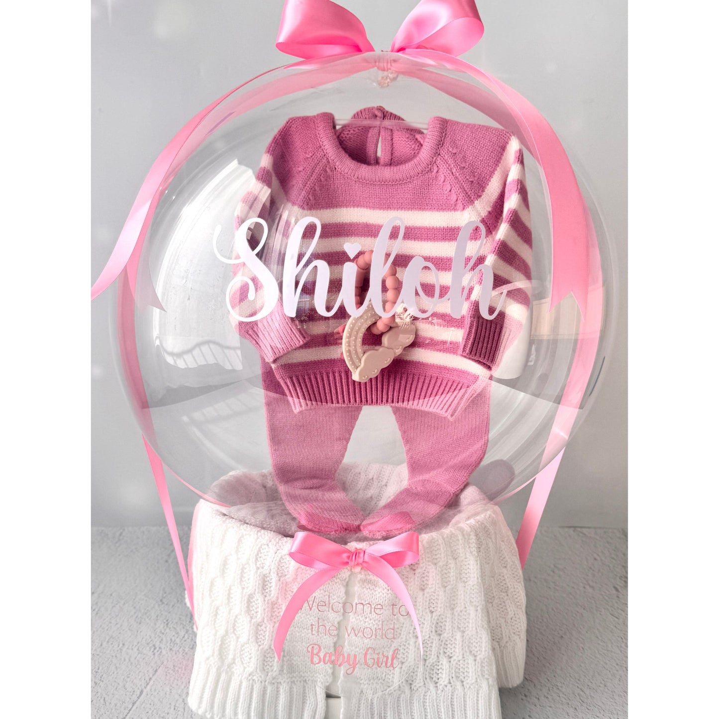 Unique Baby Girl Gift Balloon Hamper -  Pink Stripe
